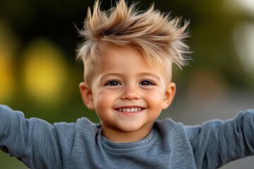 Young boy with blonde hair and a blue shirt is smiling