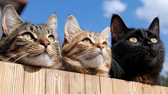 Three cats looking over a fence