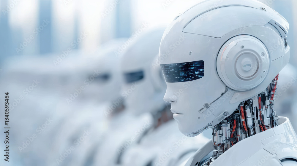 Poster futuristic robots with advanced ai technology in modern cityscape