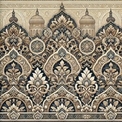 Intricate decorative border with teal and white floral motifs in folk art style. Ornate teal and white seamless border with swirling patterns and butterflies  
