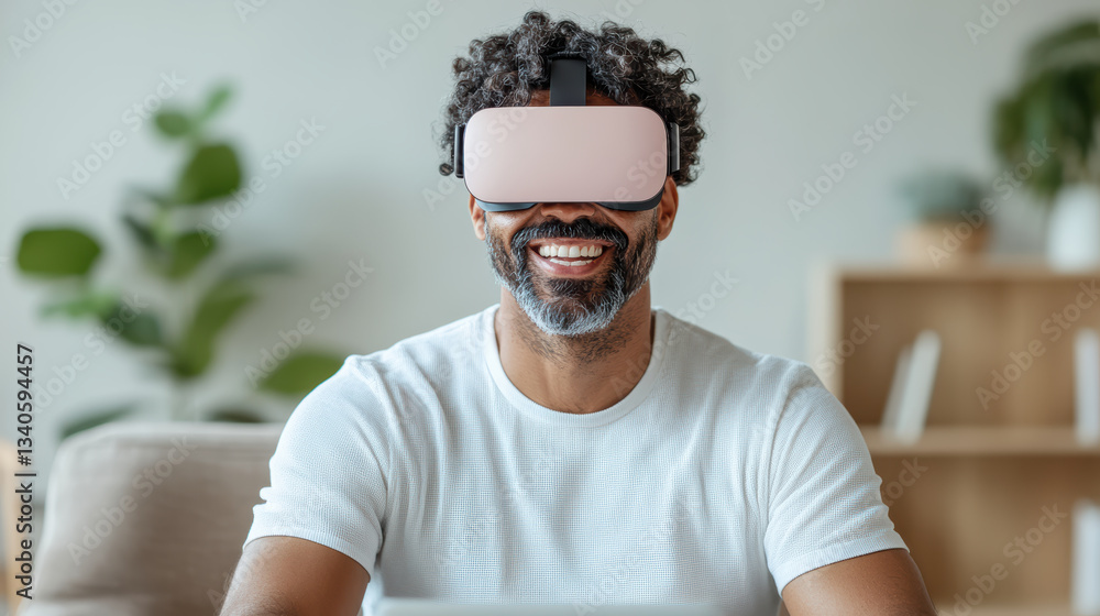 Poster man enjoying virtual reality experience with smile