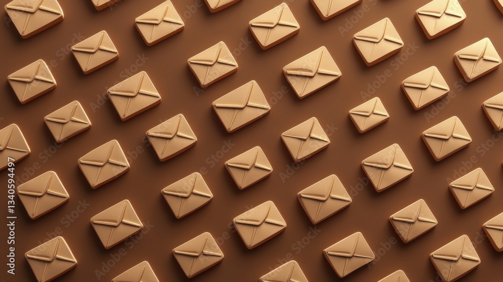 Poster 3d pattern of rows of e-mail icons lying against brown background illustration