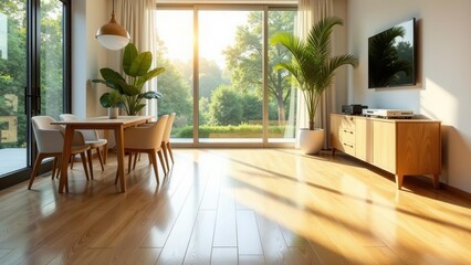 Modern Minimalist Living Room Interior Design with Sunlight Streaming Through Large Windows and Hardwood Floors