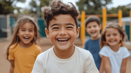 Fototapeta premium Happy children laughing on playground, enjoying their time together