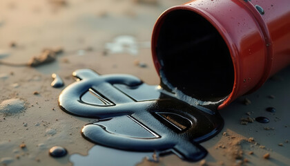 A spilled can of black liquid forms a dollar sign on the ground, symbolizing environmental issues and economy. recession economy oil concept.