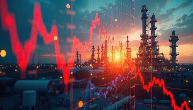 A vibrant sunset behind an industrial skyline with fluctuating market graphs illustrating economic trends. recession economy oil concept.