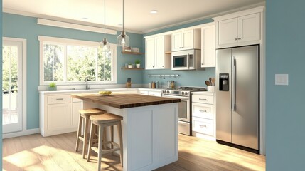 Bright, airy kitchen with light-blue walls, white cabinets, and a wooden island.  Sunlight streams in through large windows, illuminating the space