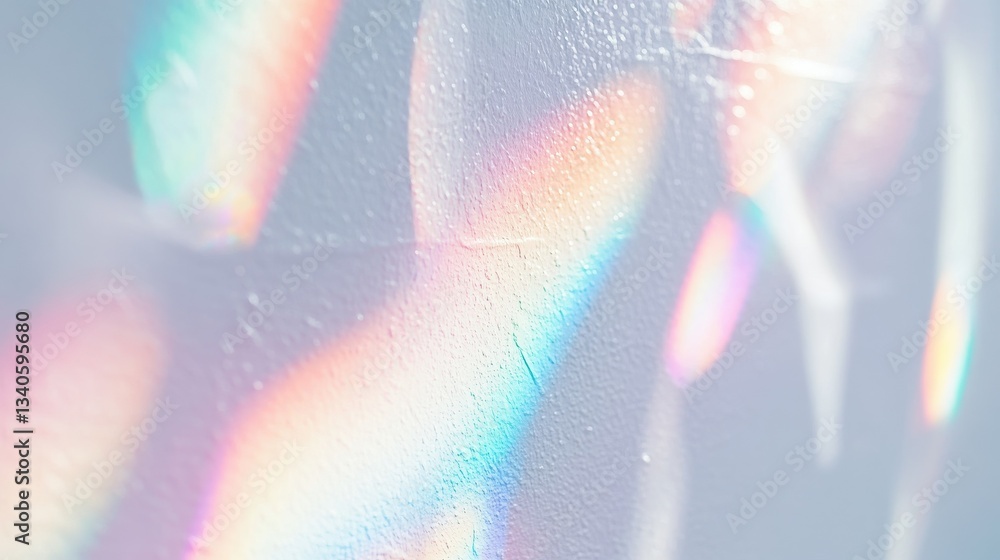 Poster dreamy holographic rainbow light refraction texture overlay with abstract soft bokeh effect on a whi