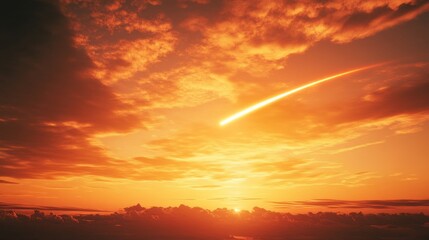 Obraz premium Speeding Jet Fuel Trail or Comet Streak: A Fiery Meteor, Rocket Launch, or Supernatural Event Blazing Through the Sky with a Glowing Contrail of Light and Vapor