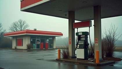 A foggy scene of a gas station with a fuel pump and a closed store, evoking a sense of stillness and solitude. recession economy oil concept.