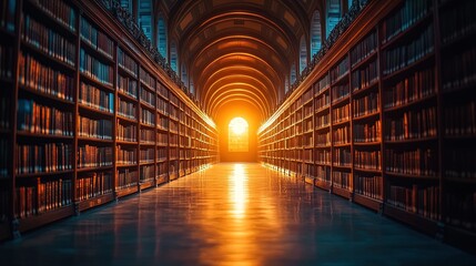 Fototapeta premium An inspiring sunrise over a university library, symbolizing knowledge and new beginnings 