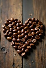 Aromatic Coffee Beans Arranged in a Heart Shape on Rustic Wooden Surface