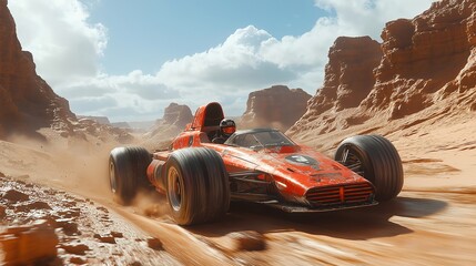 Sports Car Racing At Speed Through A Narrow Mountain Gorge. Illustration On The Theme Of Speed, Sports And Transport.