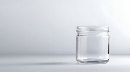 An empty glass jar with ribbed top rests on white