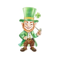 Leprechaun in green top hat standing with smoking pipe in hands. Symbol of Saint Patrick's Day holiday. Hand drawn watercolor illustration isolated on white. Postcards, invitations, banners, posters.