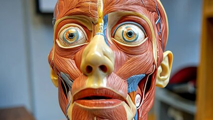Life-size anatomical model showcasing human facial muscle structure and detailed features in a medical education setting