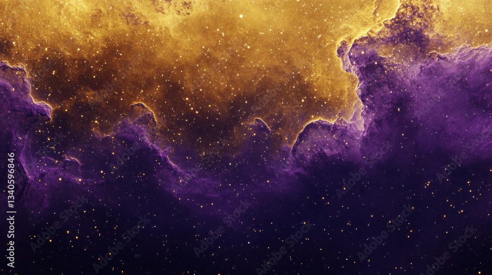 Poster purple and yellow nebula create an impressive background, expressing greatness of universe. abstract