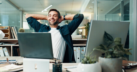Relax, happy journalist or man in office for break, news publication or article deadline. Business,...