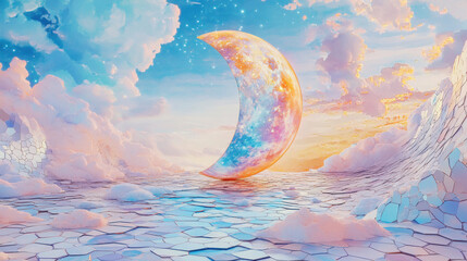 Dreamy moonscape background evokes sense of wonder. sky and water background look smooth with celestial and tranquil vibes