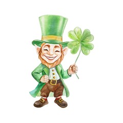 Leprechaun in a green top hat holding a clover leaf. Element of the St. Patricks Day holiday. Hand drawn watercolor illustration isolated on white. For cards, invitations, banners, posters.