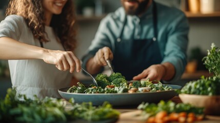 Modern vegan couple preparing a healthy meal together in a bright kitchen filled with fresh ingredients, showcasing love and collaboration in culinary creation