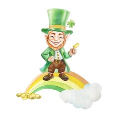 Leprechaun in a green top hat standing on a rainbow with a coin in his hands. Symbol of the holiday St. Patricks Day. Hand drawn watercolor illustration isolated. Postcards, invitations, banners.