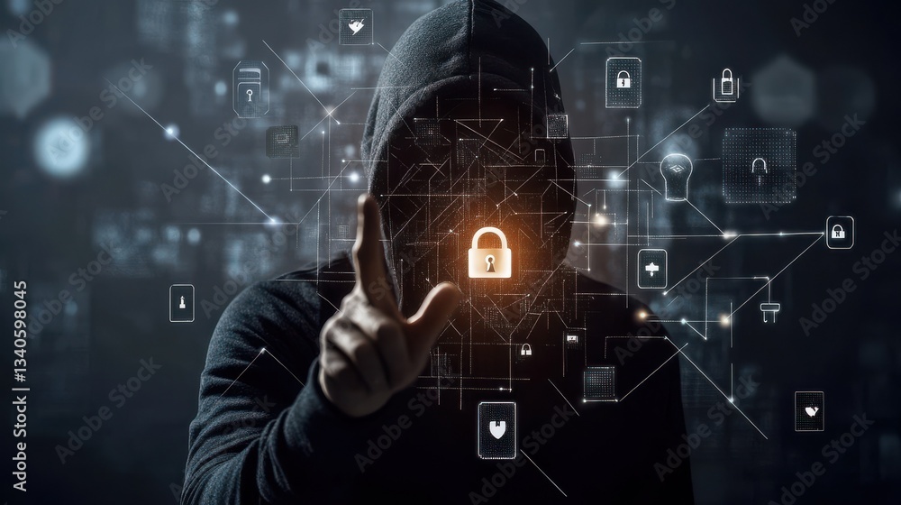 Poster a hacker in a black hoodie holding up their hand with a digital padlock and cyber network on a white