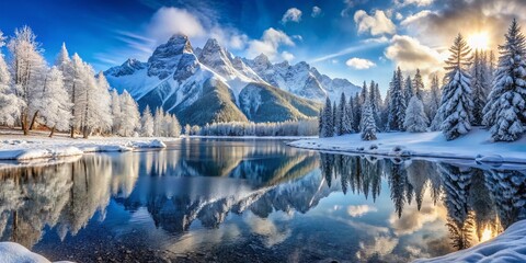 Panoramic Snowy Mountain Landscape with Frozen Lake Reflection