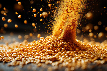 Mustard Explosion: Golden-Yellow Spirals of Seeds and Powder Bursting with Intense Flavor, A Vivid and Dynamic Display of Mustard Spice in Motion