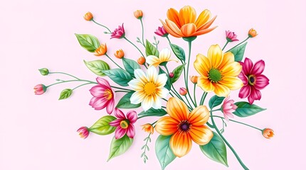 Vibrant Floral Bouquet: Colorful Flowers in Orange, Yellow, and Pink on a Light Pink Background. Gentle Botanical Art for Calming Designs. Evoke a Sense of Spring.