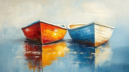 Colorful boats resting on calm water with vibrant reflections in an impressionist style painting