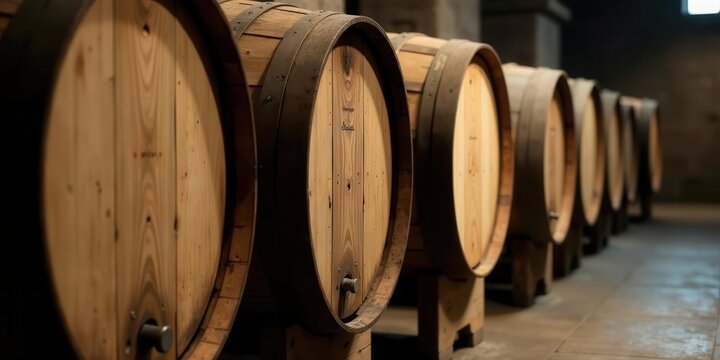 Aged wooden barrels in a cellar, showcasing the craftsmanship and potential for aging fine beverages.