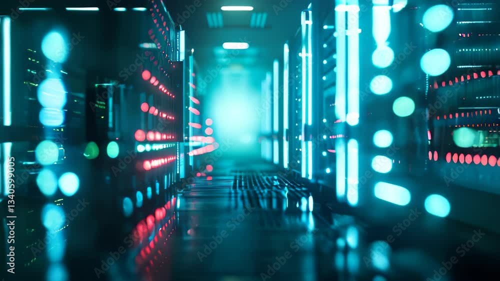 Poster data center with a row of computer servers. abstract generic concept of cyberspace, communication an
