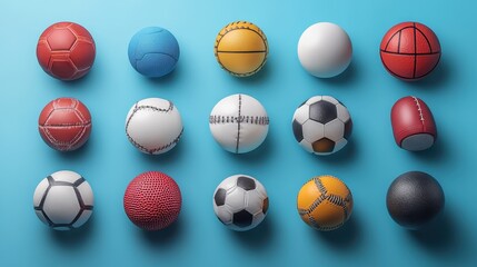 Collection of sports balls on blue background displaying variety and texture