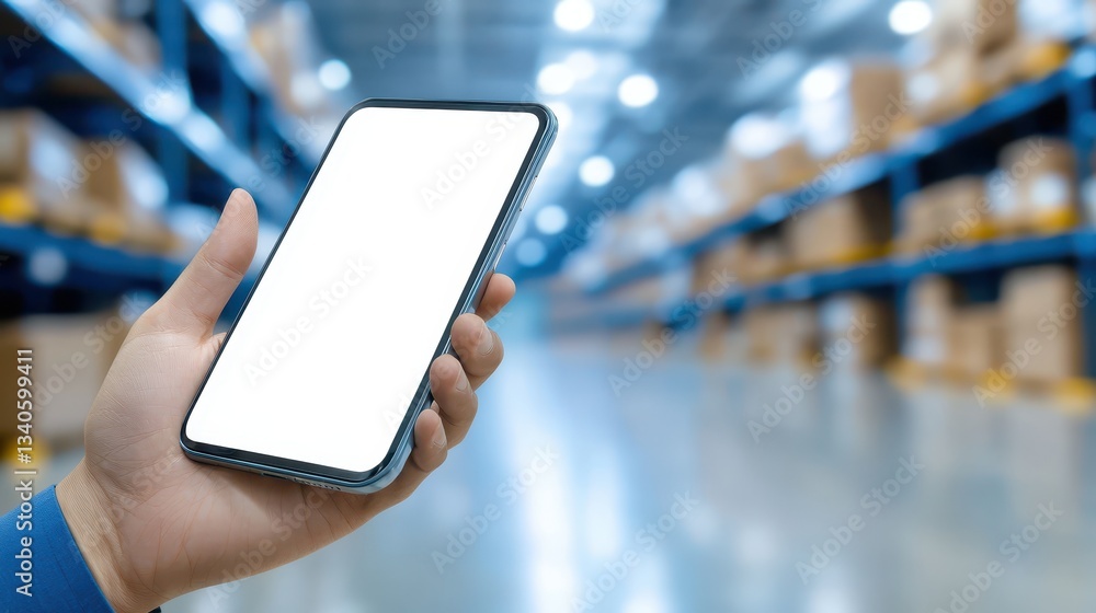 Poster hand holding smartphone with blank white screen, ideal mockup for app design and web ui/ux presentat