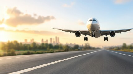 Fototapeta premium Airplane taking off, dramatic departure from airport runway into the daytime sky