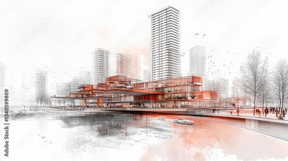 Poster architectural rendering presents a modern building complex in urban environment