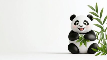 Naklejka premium Adorable 3D Render of a Happy Panda Bear Enjoying Bamboo Shoots Against a Clean White Background