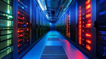 Obraz premium A long hallway filled with servers emitting colorful vibrant lights