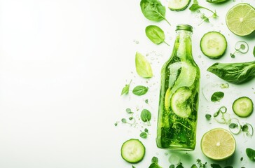 Refreshing green detox juice in a glass bottle with fresh