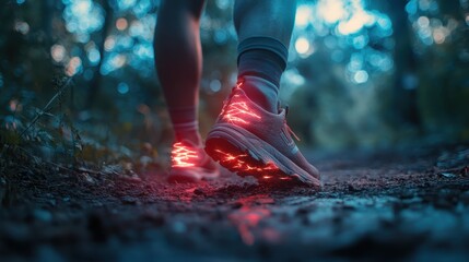 Night trail running: close-up of illuminated sneakers in action
