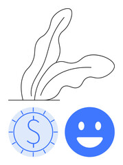 Simplistic leaf illustration paired with a coin featuring a dollar sign and a smiling face. Ideal for sustainability, finance, happiness, growth, eco-friendly concepts, positivity, renewal. Flat