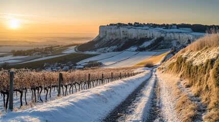 Scenic winter landscape with snow-covered vineyards