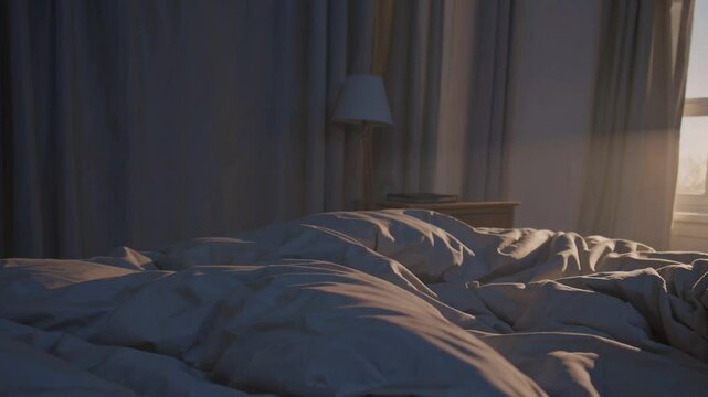 Soft sunlight gently spreading across rumpled bedding, revealing peaceful bedroom interior with warm, tranquil morning atmosphere