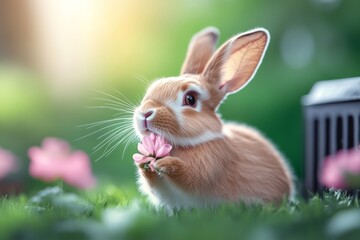 Fototapeta premium Rabbit is holding a flower in its mouth. The rabbit is sitting in a grassy area with pink flowers nearby. Concept of innocence and playfulness, as the rabbit is simply enjoying the flower