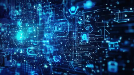 Digital blue background image with technology symbols