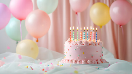 Pink birthday cake with candles on top. Balloons and confetti on pastel curtain background. Background for birthday greetings.