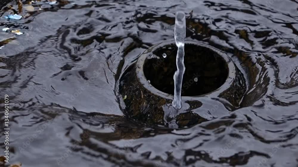Poster water droplet creating dynamic crown like splash and rippling concentric waves in dark puddle, revea