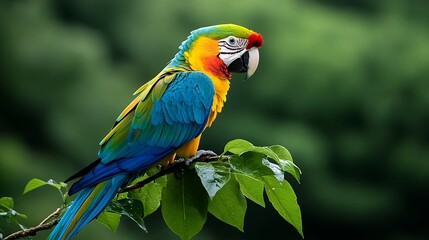 Fototapeta premium Vibrant Macaw Parrot Perched on Branch in Lush Green Foliage