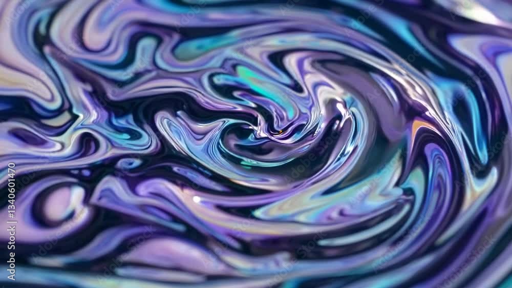 Poster iridescent petroleum layers spreading dynamically across surface, generating mesmerizing rainbow hue
